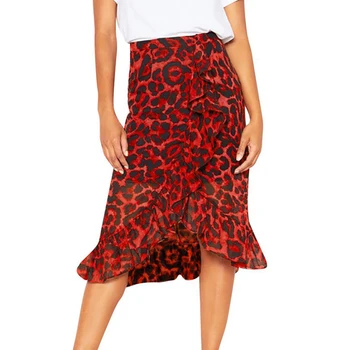 

Leopard Skirts Women High Waist Sexy Split Skirt Asymmetrical Ruffled Skirt Lady