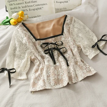 

lace women blouse summer new square collar bandage short high waist elegant lady pulls outwear tops