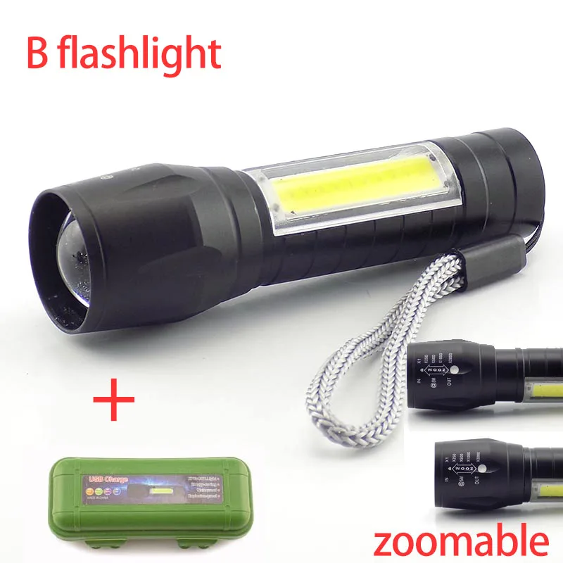 B flashlight and box Портативный мощный светодиодный Q5 светильник-вспышка COB фонарь USB походный USB фонарь с перезаряжаемой батареей, походный светильник-вспышка - Испускаемый цвет: B flashlight and box