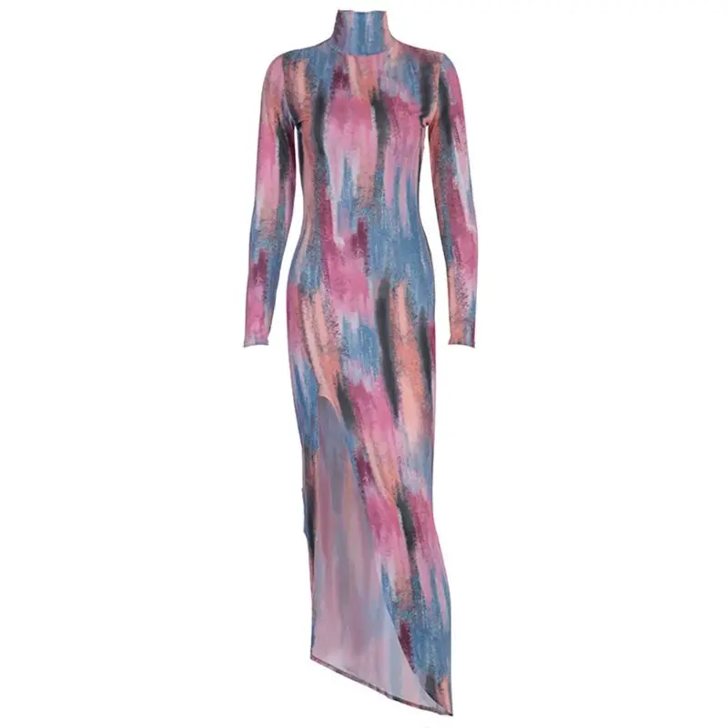 

2020 Spring Women Long Sleeve Bodycon High Slit Print Maxi Party Dress Clubwear