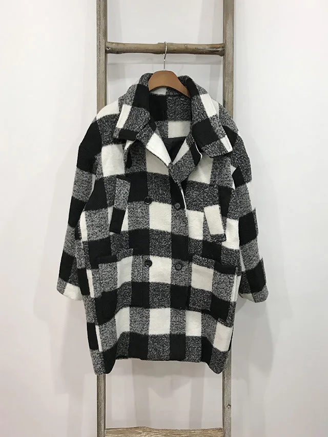 plaid Осенне-зимнее пальто Женское шерстяное пальто средней длины Клетчатая Шерстяная Смешанная куртка повседневное свободное Женское пальто большого размера manteau femme - Цвет: plaid