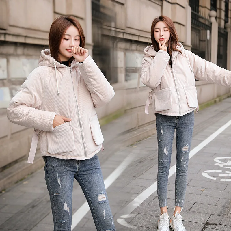 

Corduroy Short Cotton Coat Women's 2019 Winter New Style Korean-style Students Thick down Coat Fashion Hooded Cotton Jacket