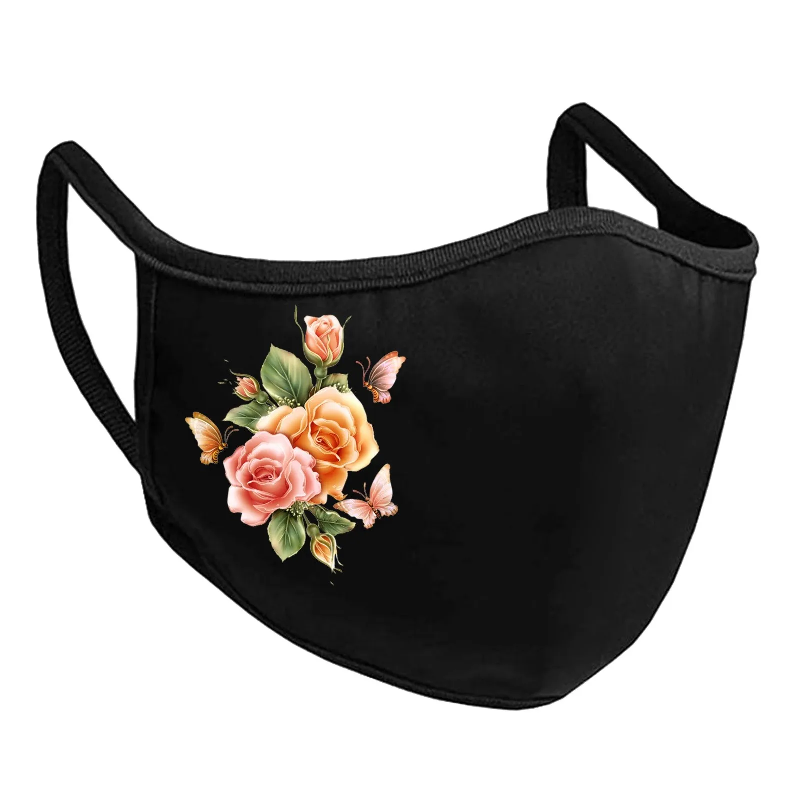 Elegant Flower Print Designer Masks For Face Washable Black Cloth Masque Female Facemask Earloops Decoration | Тематическая одежда