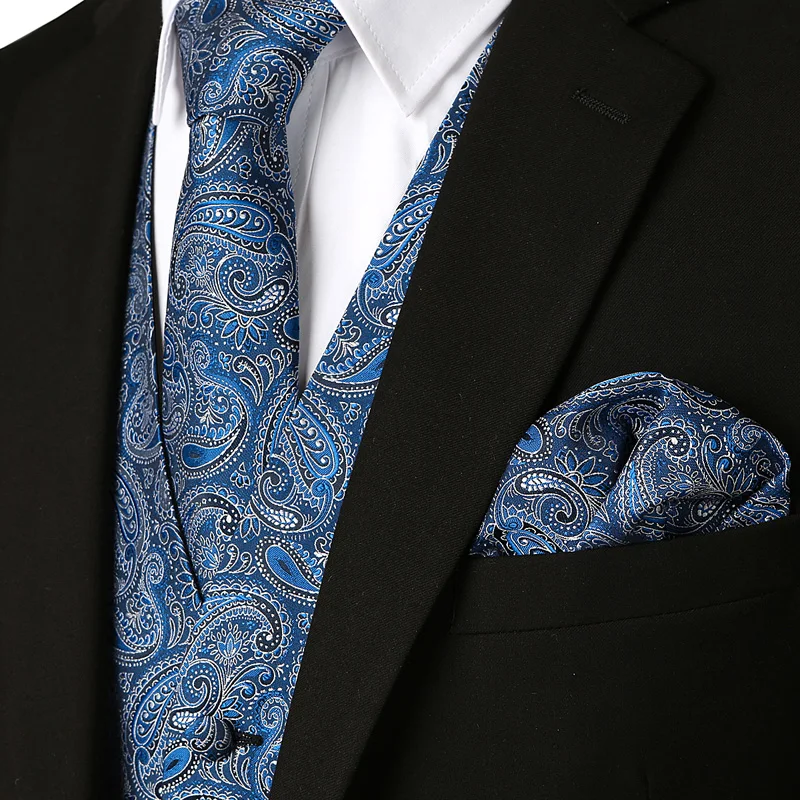 ZEROYAA Men's Classic 3pc Paisley Jacquard Vest Set Necktie Pocket Square Set for Suit or Tuxedo