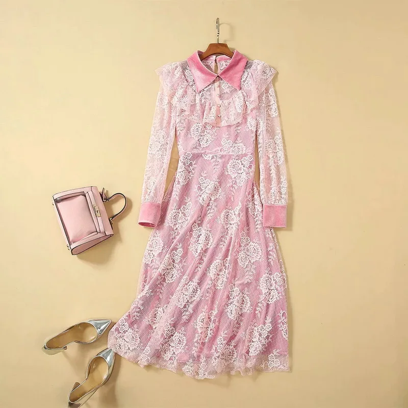 

High Quality Designer Dress 2019 Autumn Party Sexy Dresses Women Hollow Out Mesh Lace Patchwork Long Sleeve Black Pink Dress