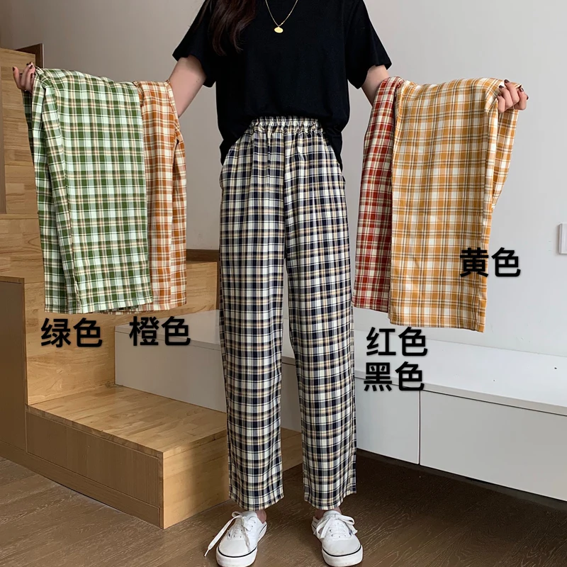 

Checkered Pants for Women 2020 High Waist Pants for Women Korean Style Trousers Women Casual Wide Leg Plaid Pants Harajuku