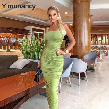 

Yimunancy Solid Midi Dress Women 2020 Spring Ruched Bodycon Dress Ladies Square Collar Ruched Sleeveless Dress Femme Clubwear