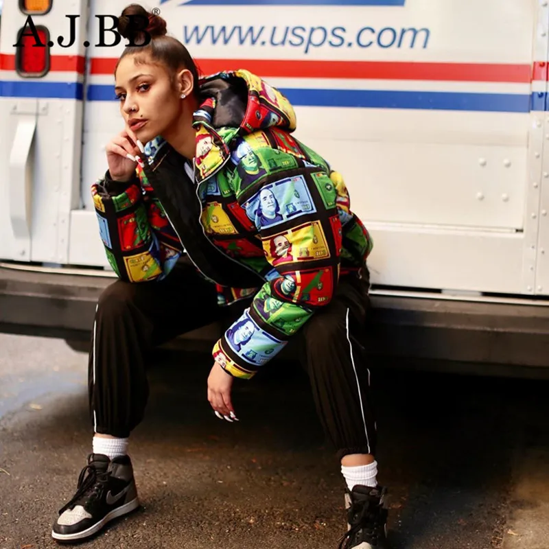 Зимнее Новое повседневное женское пальто с принтом модный пуховик высоким