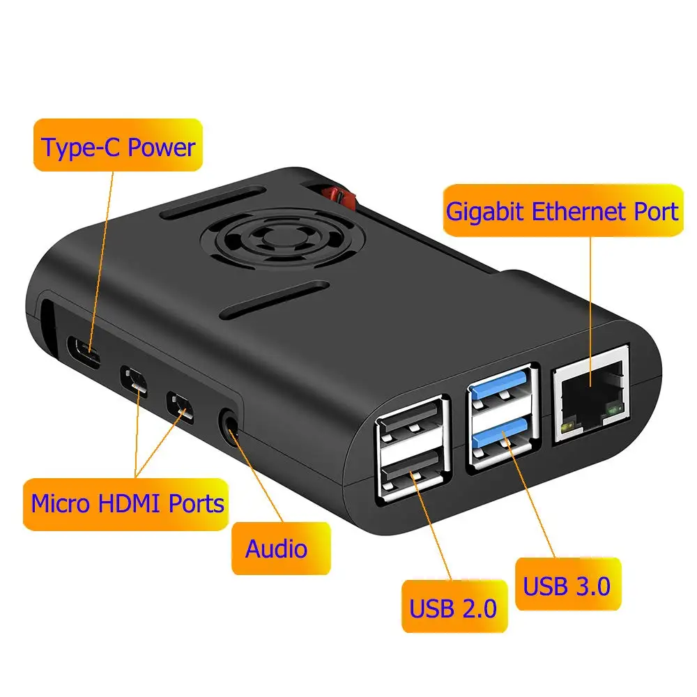 Чехол Raspberry Pi 4 ABS черный защитный корпус + вентилятор охлаждения алюминиевый