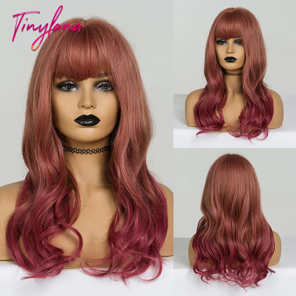 

TINY LANA Long Medium Dark Red Ombre with Bangs Synthetic Wigs for Black Women Afro Wavy Lolita Cosplay Wig Heat Resistant