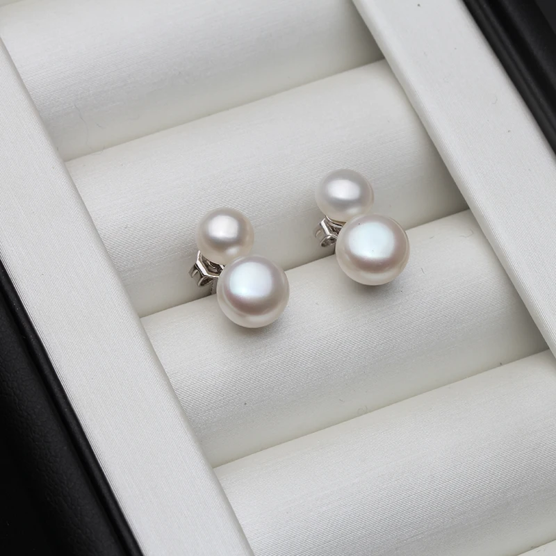 925 Sterling Silver Stud Earrings Fine Jewelry,Wedding Small Cute Double Pink Pearl Earrings For Women White Black 
