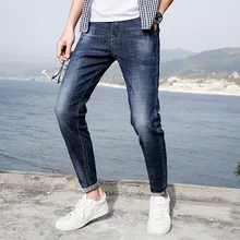 Однотонные тонкие Брендовые мужские джинсы длиной до щиколотки модные повседневные джинсовые штаны с карманами мужская одежда большого размера