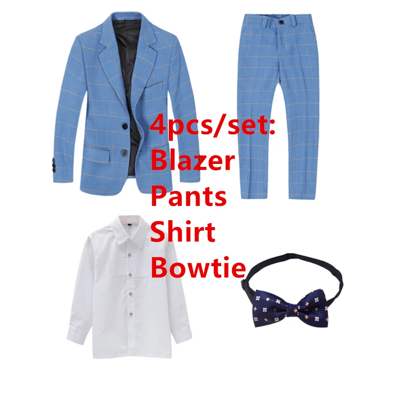 blue plaid 4pcs От 3 до 16 лет, детские клетчатые костюмы для мальчиков, высокое качество, формальный свадебный смокинг, платье, Блейзер, жилет, брюки, костюм, наряды, комплект одежды для подростков - Цвет: blue plaid 4pcs