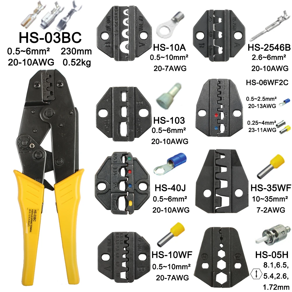 LUBAN HS-03BC обжимные плоскогубцы Multi Tool 0,5-6mm2 руководство ручные многофункциональные инструменты 0,5 до 6,0 mm2 AWG 16-10 обжимной инструмент - Цвет: HS-03BC and 8 jaws