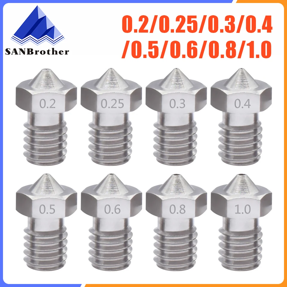 

2pcs V5 V6 Stainless steel Nozzle 0.2/0.3/0.4/0.5/0.6/0.8mm M6 thread Nozzle for 3D Printer E3d 1.75/3.00MM Extruder Print Head