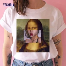 

YESMOLA Female T-shirt Mona Lisa Spoof Personality Oil Painting Tops 90s Female T-shirt Cartoon Harajuku Aesthetic Tshirt