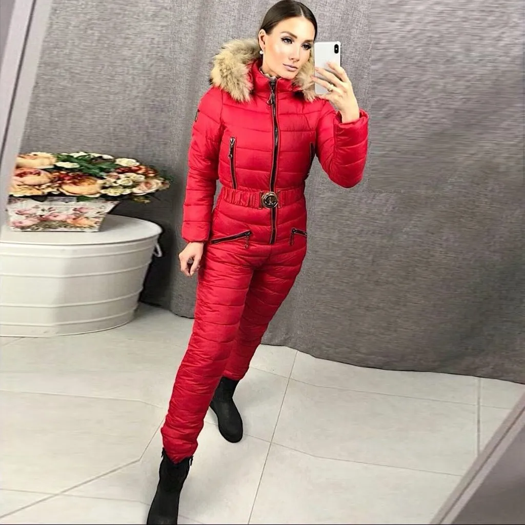 

women winter 2 piece set warm jacket suit Women Hooded Solid Jumpsuits Elegant Warm Zipper Ski Suit Onesie Snowsuit Coat#3