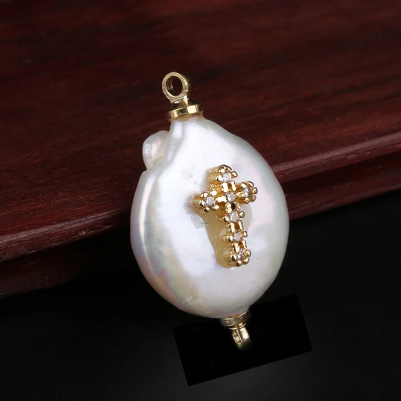 

tiny white clear cz zircon religious cross charm real freshwater pearl connector pendant bead for customized jewelry DIY choker