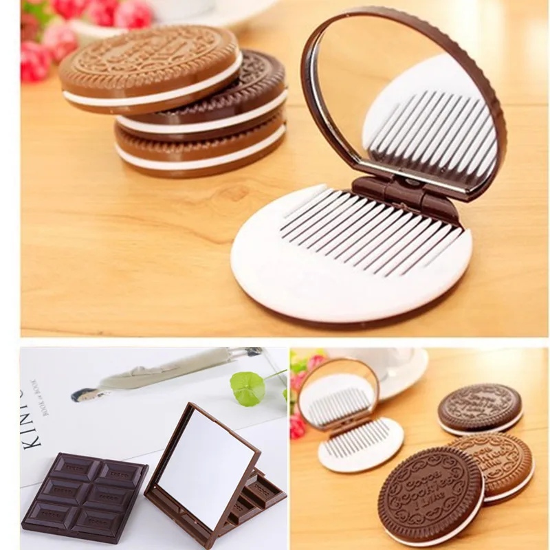 

1PC at random color Women Makeup Tool Pocket Mirror Make up Mirror Mini Dark Brown Cute Chocolate Cookie Shaped With Comb T0435
