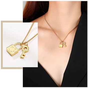 

Chic Padlock Key Necklaces for Women Gold Color Stainless Steel Cross Coin Pendants for Lady Female Birthday Party Gifts Jewelry