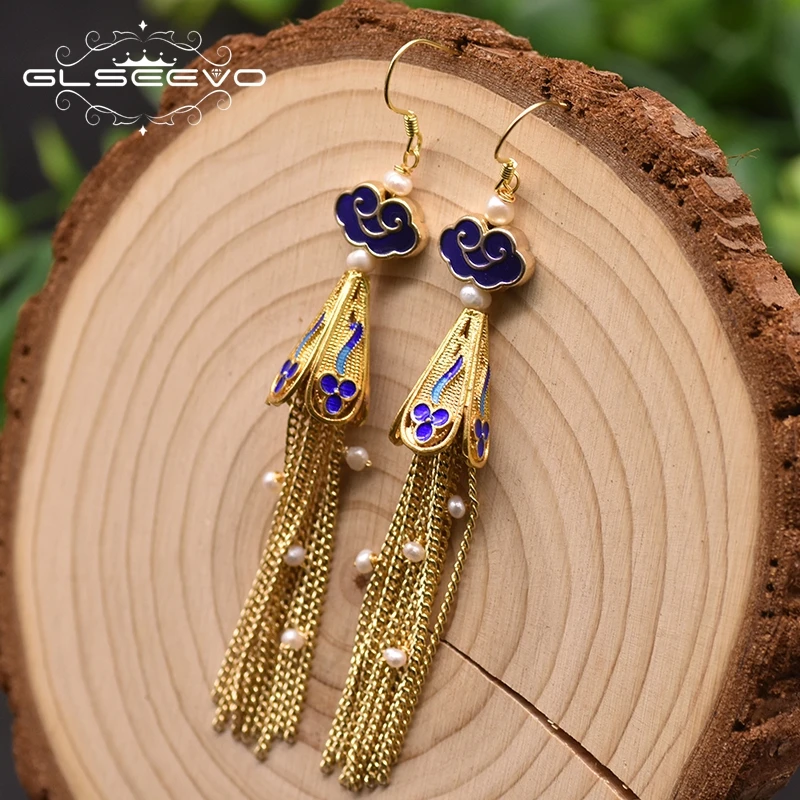 GLSEEVO Cloisonne Белое Облако кисточкой Личность дамы серьги ручной работы Шарм падения