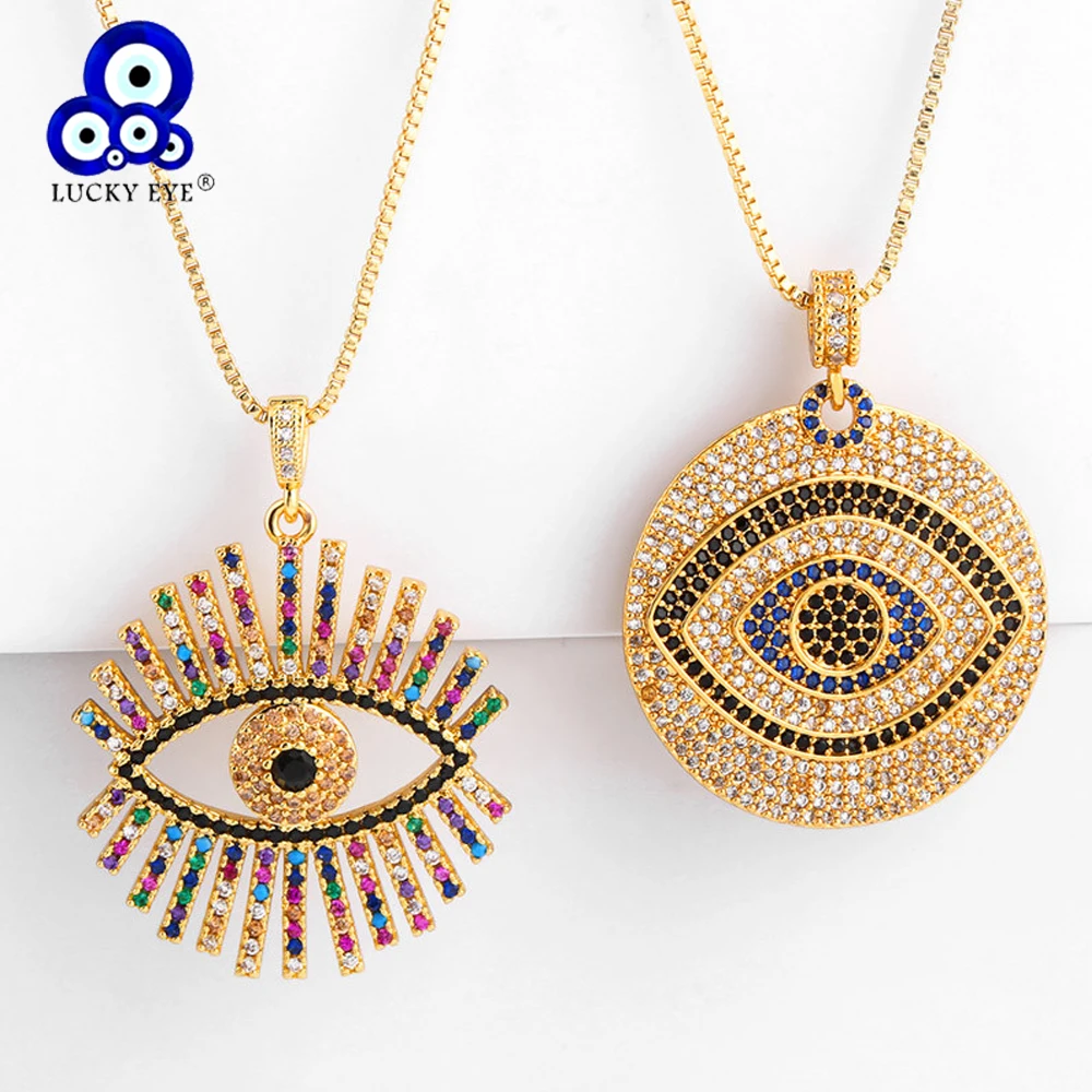 

Lucky Eye Colorful Zircon Evil Eye Necklace Gold Color Copper Long Chain Round Pendant Necklace Jewelry for Women Female LE233