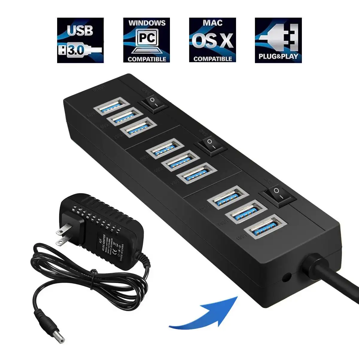 10 Порты и разъёмы 3,0 usb-хаб 5V 2A адаптер Зарядное устройство с переключателем внешнего Мульти USB разветвитель USB3.0 концентраторы для компьютера ПК ноутбук для мобильного телефона