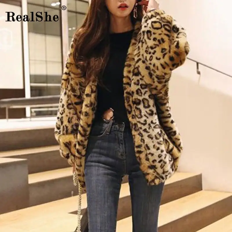 

RealShe Women Jacket 2019 V-neck Long Sleeve Leopard Print Coats And Jackets Women Casual Autumn Winter Open Stitch Fur Jacket