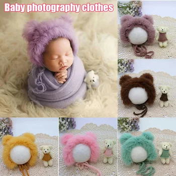 

Baby Photography Prop Newborn Plush Knitted Hat and Bear Doll Set for Infant YJS99