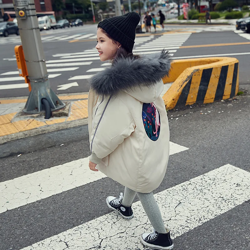 new girls down jacket long winter parkas with natural fur hoodies teen girls outerwear - Цвет: Бежевый