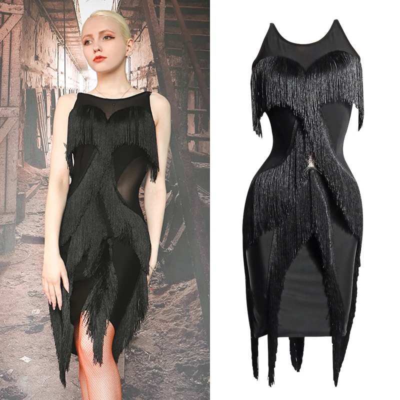 Latin Dance Competition Dress Women Sleeveless Mesh Black Fringe Samba Salsa Clothes Prom Adult VDB3492 | Тематическая одежда и