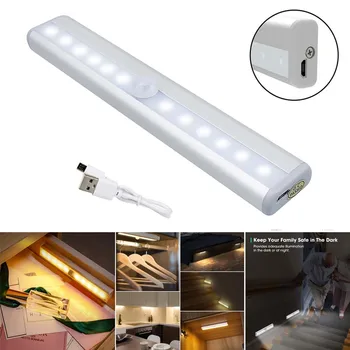 

USB Rechargeable 10 LED Lights PIR Motion Sensor Lamp Cabinet Light Under Counter Closet Lighting Magnetic Stick-on Night Light