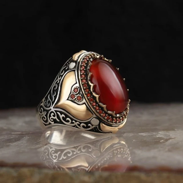 Vintage Big Oval Natural Agate Stone Ring For Men Retro Inlaid Yellow Red Zircon Ant Ring For Women Wedding Band Turkish Jewelry Style3
