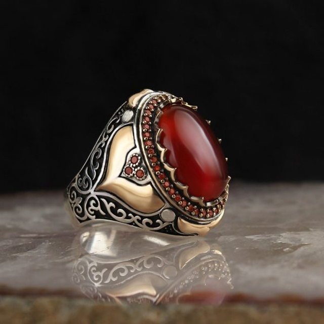 Silver Color Turkish Handmade Engraving Pattern Men's Ring Inlaid Big Blue Zircon Ring Gothic Punk Ring Muslim Jewelry