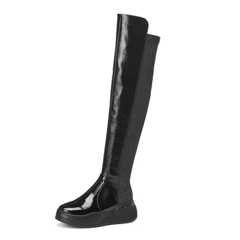 

Spring Autumn Fashion Slim Women Patent Leather Platform Patchwork Over the Knee Boots Winter Lady Plush Long Stretch Boots 1911