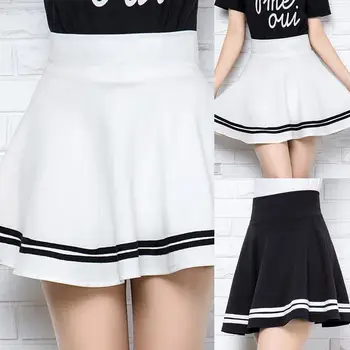 

Women High Waist Chic Striped Stitching Skirt Student Elastic Waist Pleated Skirt Cute Sweet Girls Dance Skirt Preppy