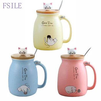 

Creative Color Cat Heat-resistant Mug Cartoon with Lid 450ml Cup Kitten Coffee Ceramic Mugs Children Cup Office Drinkware Gift