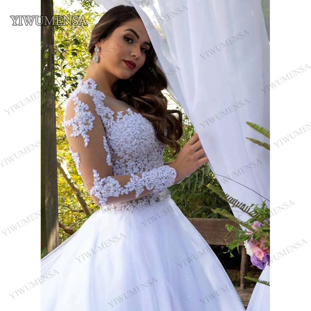 Vestidos de casamento moderno princesa vestido de baile mangas completas  ilusão tule voltar vestido de noiva