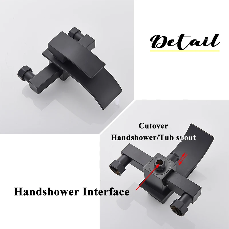 ULGKSD Black Bathtub Faucet Set Waterfall Spout Solid Brass Hot Cold Mixer Tap Bath Shower Faucet Wall Mounted Bathroom Faucet 3