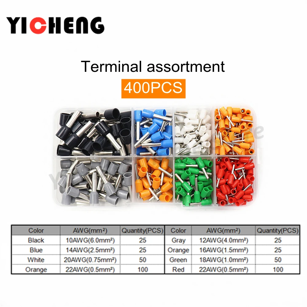 Terminal Connector Terminal Boxed Kit for 0.5-6mm2 AWG22-10 Wire Cable Copper Tub Needlee Type Insulated Cold Pressing Terminal
