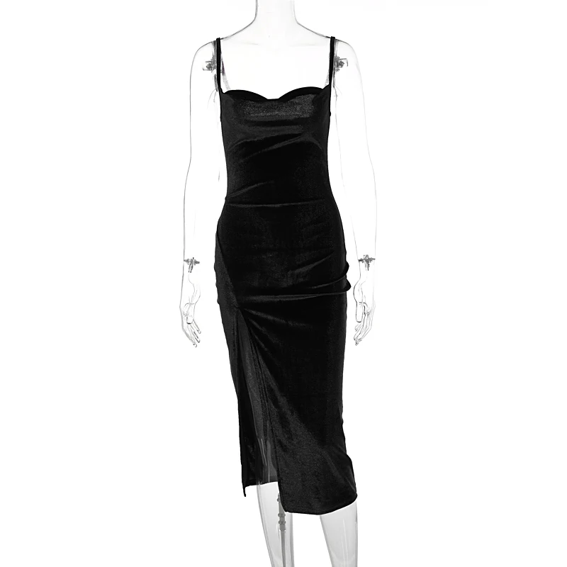 Hugcitar Velvet Swing Collar Sleeveless Slip Sexy Slit Maxi Dress 2022 New Fashion Evening Party Women Elegant Streetwear Y2K