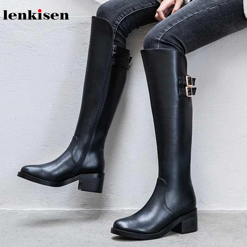 

Lenkisen genuine leather metal buckle straps round toe med heels winter keep super warm women simple zipper knee high boots L79