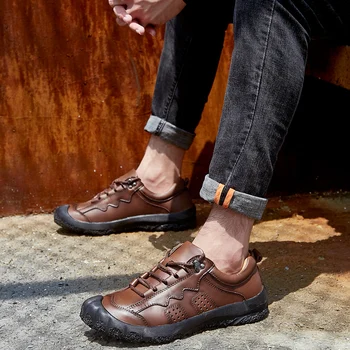 

Men Genuine Leather Shoes Lace-Up outdoor Shoes Real Leather Loafers Mens Moccasins Italian Designer Flats Shoes Size 38-48