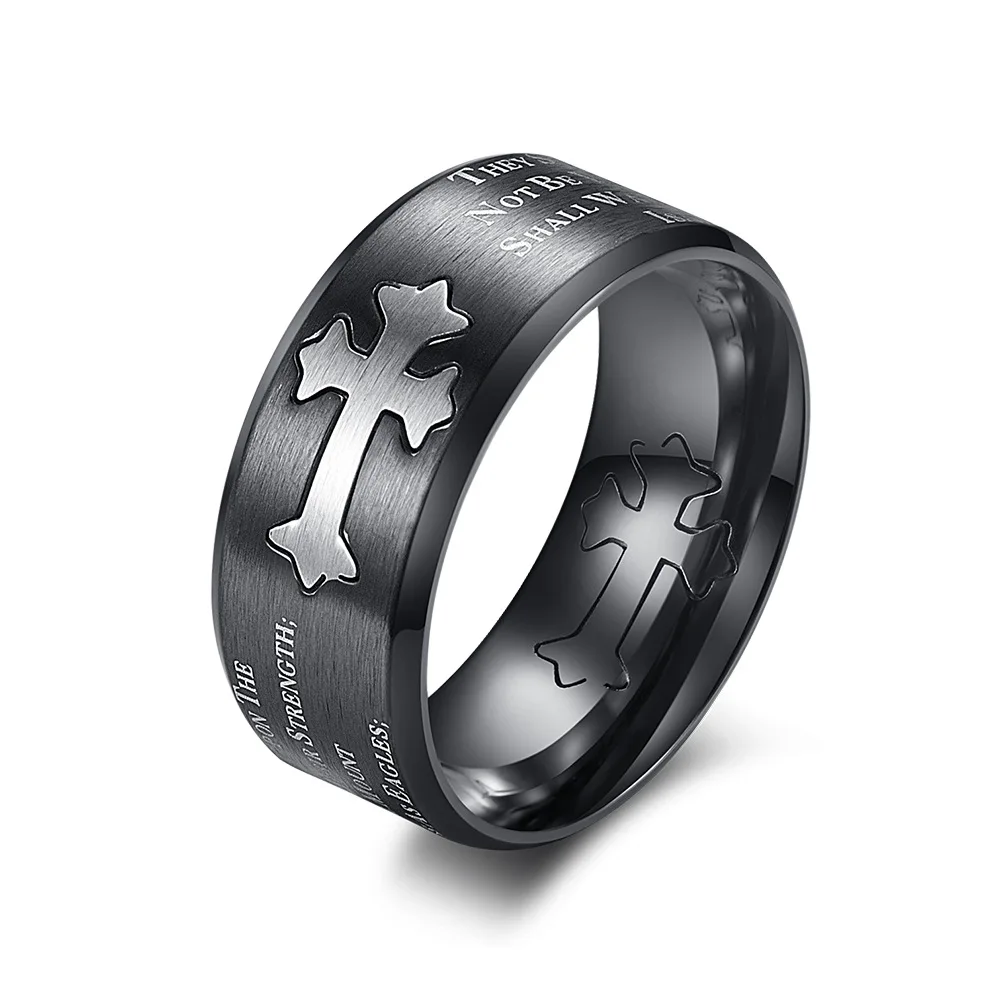 

Cool Black Titanium Cross Ring for Men Scriptures Isaiah 40:31 Faith Ring Gold Black Stainless Steel Ring