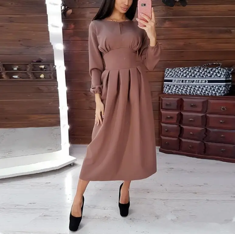Women Vintage Hollow Out A-line Party Long Dress Long Sleeve O neck Solid Elegant Casual Dress Autumn New Fashion Dress - Цвет: Коричневый
