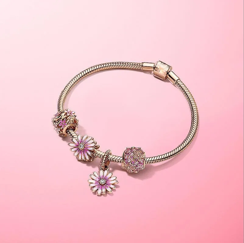

2020 New 925 Pure Silver Rose Gold Shining Daisy Bracelet Set Fashion Romantic Sweet Gift