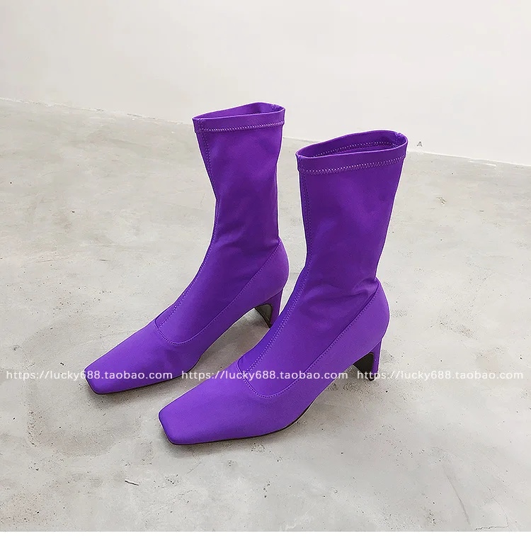 Эластичные Сатиновые сапожки на высоком каблуке; женские Ботинки martin duck botines mujer с квадратным носком; коллекция года; дизайнерские зимние ботинки «Челси» средней длины; новые носки