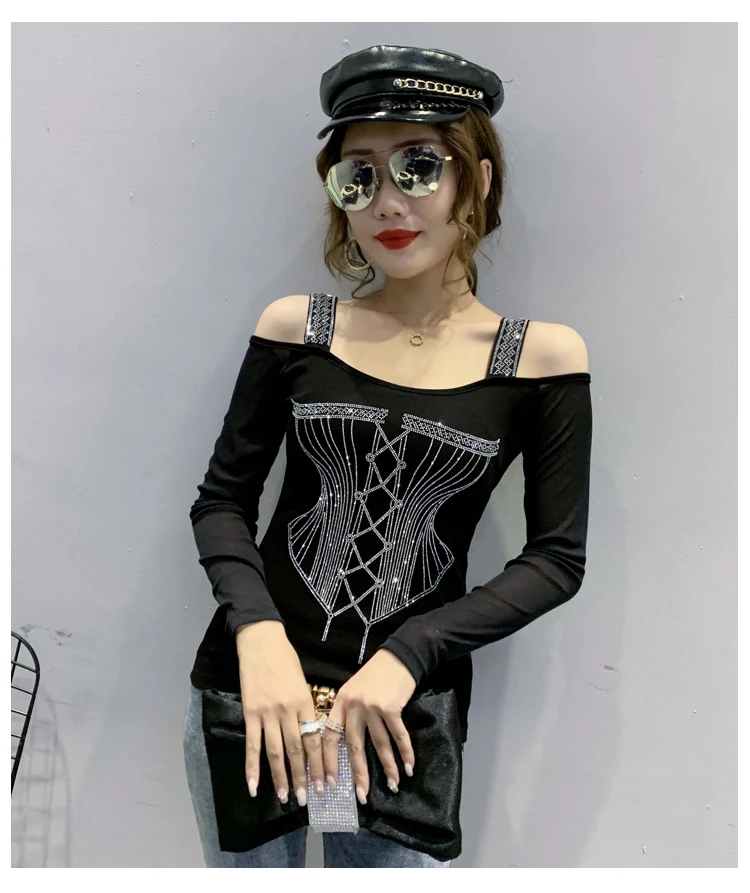 2020 Autumn new woman tshirts Fashion sexy off the shoulder women t-shirt long sleeve Hot drilling plus size women clothing