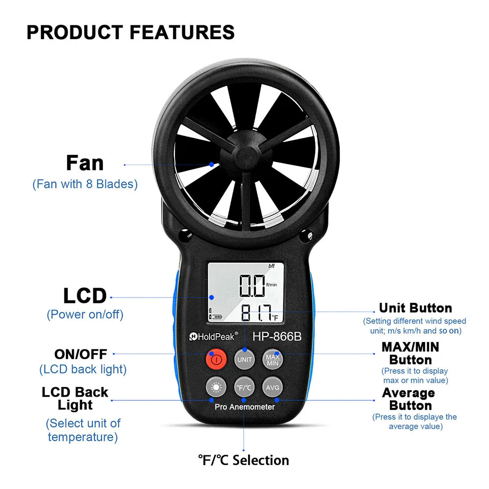866B Backlight Gauge Anemometer Handheld Temperature Tester Mini Multifunctional Thermometer Lanyard Pocket Measurement