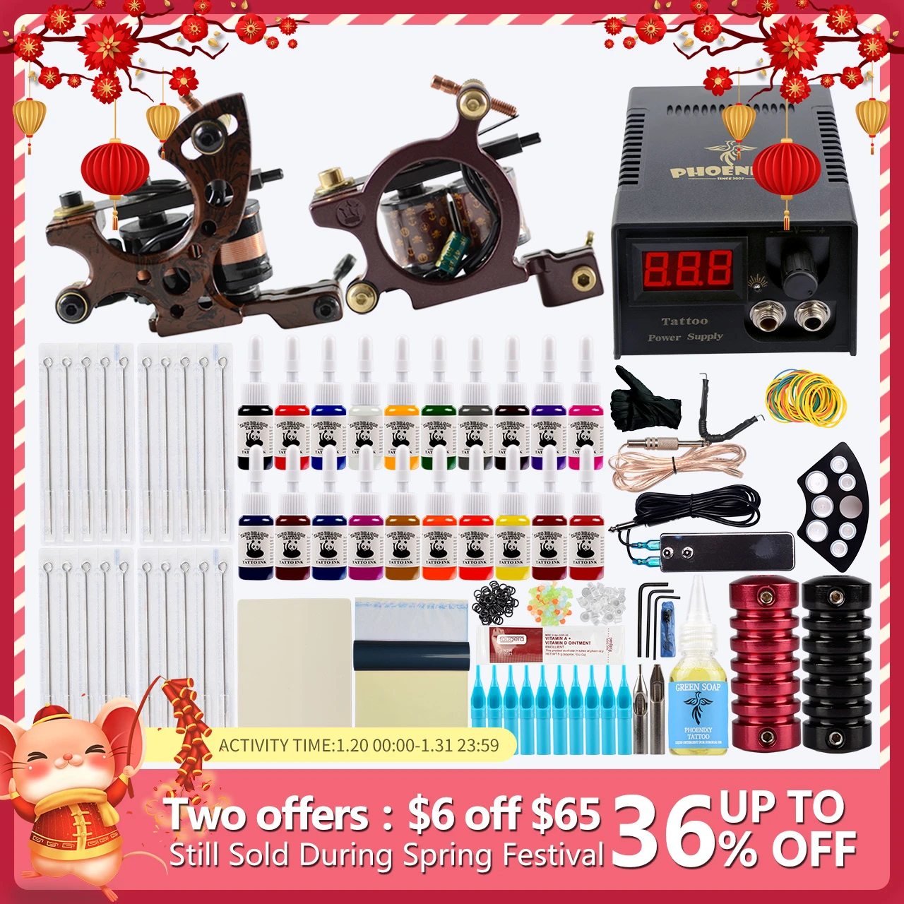 Günstige Tattoo Kit Professionelle 2 Tattoo Maschinen Set Schwarz Tinte Set Netzteil Griffe Körper Kunst Werkzeuge Tattoo Permanent Make Up Tattoo set